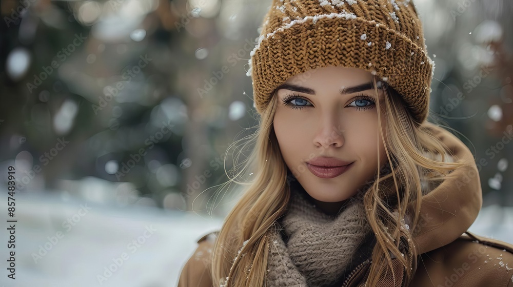 Beautiful woman in winter coat and hat posing on the street of forest Beautiful woman in winter coat and hat posing on the street of forest