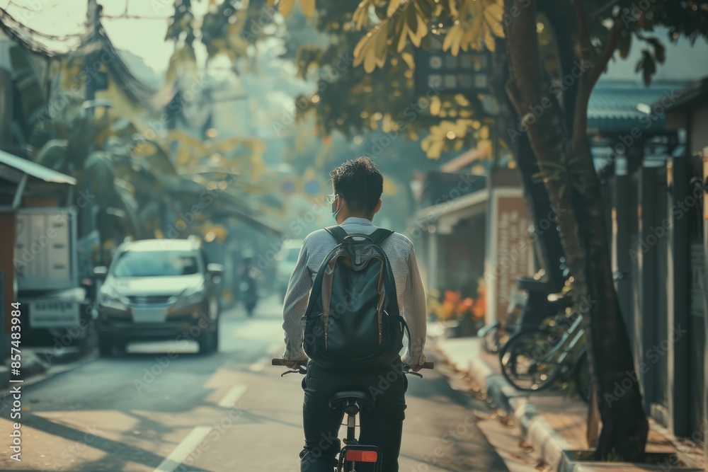 Eco friendly businessman bikes to work in city for sustainability. Eco friendly businessman bikes to work in city for sustainability.
