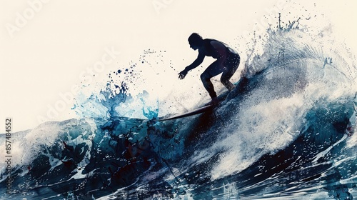 Ocean waves merged with a surfer riding a wave - A dynamic double exposure image combining crashing ocean waves with the silhouette of a surfer riding a wave, capturing the thrill of surfing