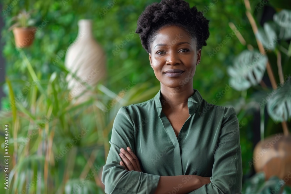 Mature African business woman in eco friendly office promoting sustainability. Mature African business woman in eco friendly office promoting sustainability.