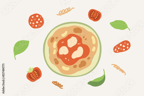Vector hand painted traditional Italian cuisine: Margherita pizza with mozzarella cheese and basil illustration Cute flat simple hand drawn icon collection for menu posters and social media