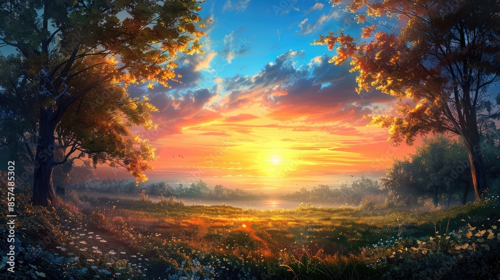 Sunrise over a tranquil landscape - A beautiful sunrise over a serene landscape, symbolizing hope and new beginnings Sunrise over a tranquil landscape - A beautiful sunrise over a serene landscape, symbolizing hope and new beginnings