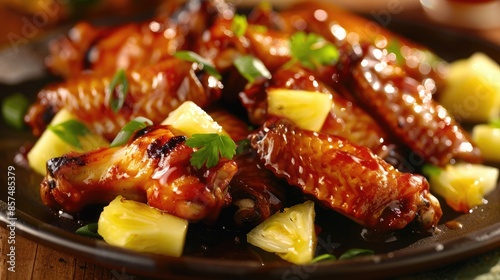 Sweet and sour chicken wings with pineapple garnish - Tangy sweet and sour chicken wings glazed with a sticky sauce, served with chunks of fresh pineapple photo