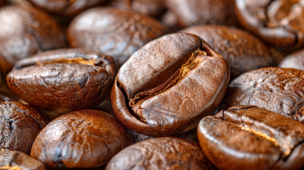 Detailed close up of coffee beans revealing intricate texture and lustrous oily sheen Detailed close up of coffee beans revealing intricate texture and lustrous oily sheen