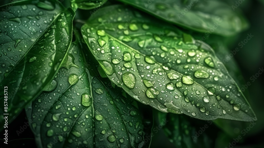 Detailed close up of basil leaves with prominent veins and glistening water droplets