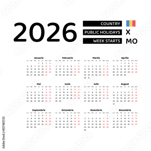 Calendar 2026 Romanian language with Romania public holidays. Week starts from Monday. Graphic design vector illustration.