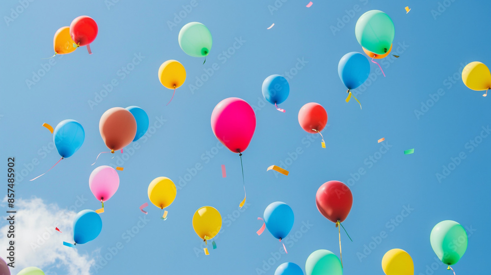 A photo captures many colorful balloons (filled with hellium) rising into a blue sky. A photo captures many colorful balloons (filled with hellium) rising into a blue sky.