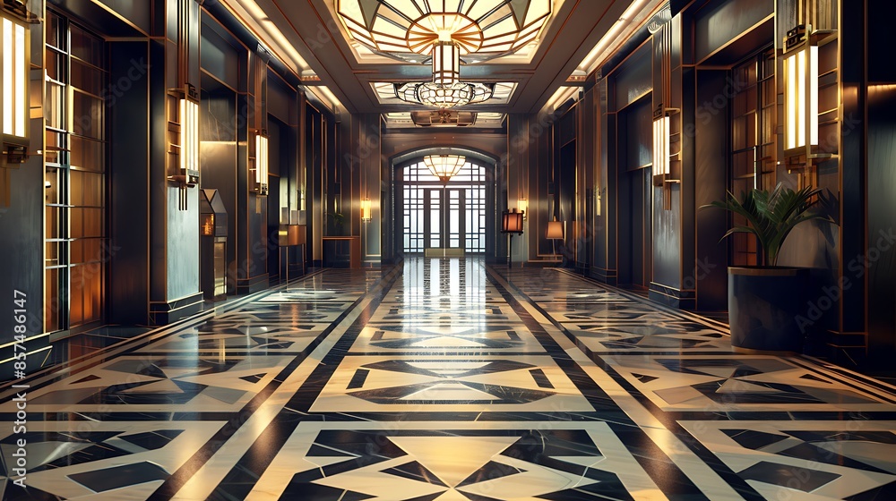 art deco hotel lobby with geometric patterned floors and sleek metallic ...