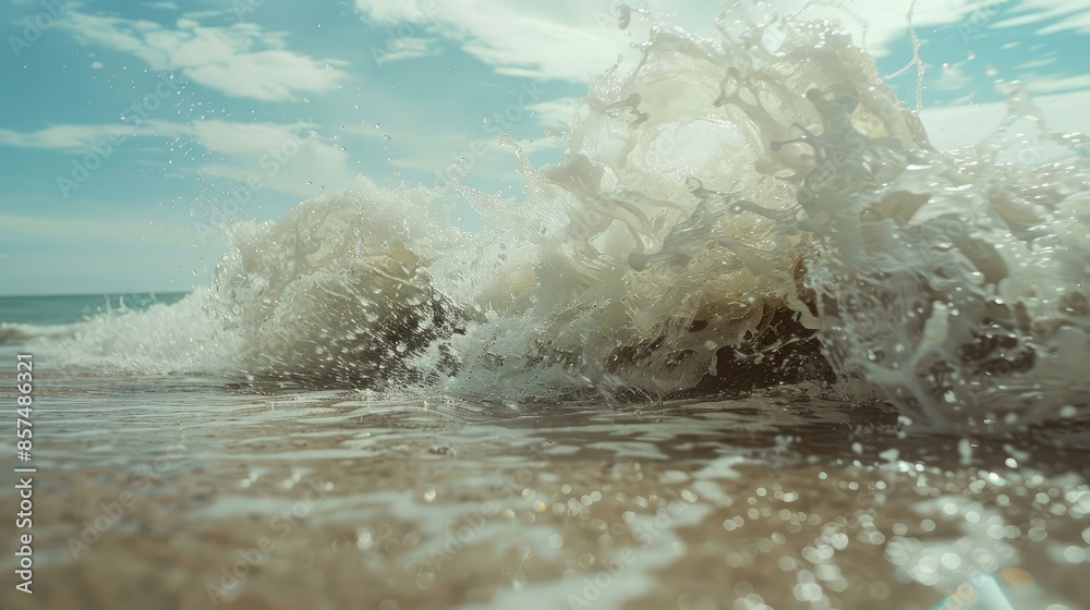 Fototapeta premium Waves crashing on the shore - Dynamic shot of waves crashing onto the sandy shore, capturing the power and movement of the ocean