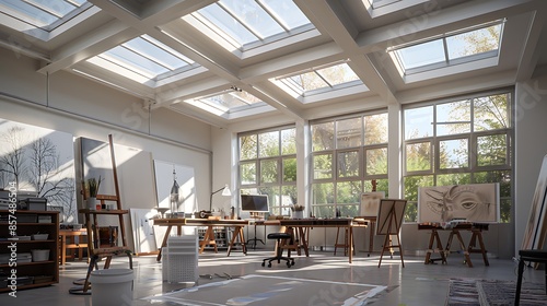 art studio with north-facing skylights, designed specifically to provide consistent, indirect light, ideal for artists to work under optimal lighting conditions