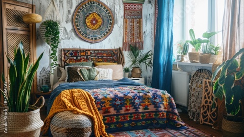 A cozy bedroom decorated in a bohemian style featuring a bed with colorful textiles, plants, and ethnic decor. © AriyaniAI