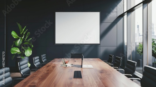 Meeting conference room with blank empty mockup tv screen monitor for advertising standing in modern contemporary office on black wall background. No people. Business technologies concept. photo