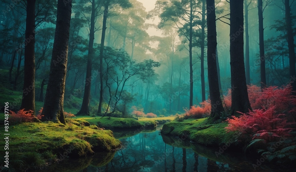 Tranquil forest scene with reflective water and mist.