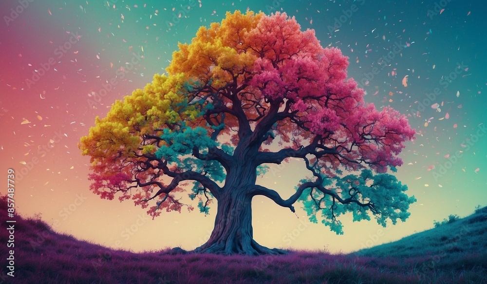Vibrant tree with colorful leaves in a surreal landscape Vibrant tree with colorful leaves in a surreal landscape