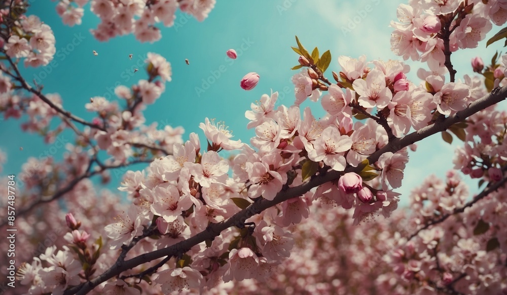 Close-up of pink cherry blossoms with petals falling. Close-up of pink cherry blossoms with petals falling.