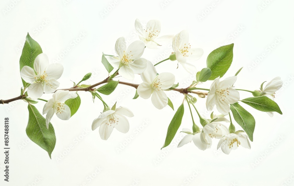 Fototapeta premium Nature's Delight: Fresh Tree Branch with White Flowers and Green Leaves