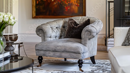 elegant Victorian-style armchair reupholstered in a modern fabric, providing a stylish contrast between classic form and contemporary patterns, set in a sophisticated drawing room photo