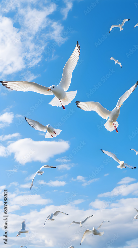 Obraz premium Elegant Soaring Seagulls Against a Vibrant Blue Sky: A Stunning Tribute to Bird Life