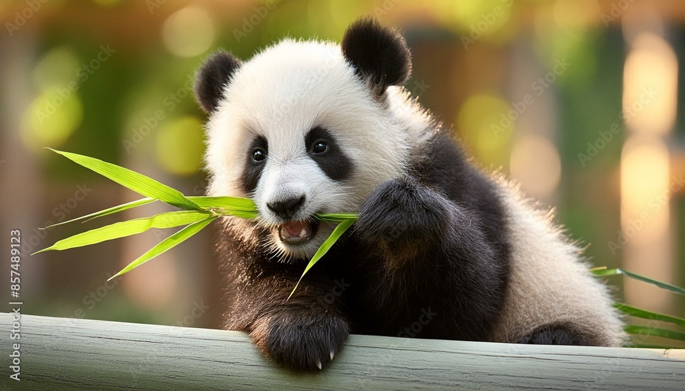 Fototapeta premium 대나무를 맛있게 먹고 있는 3D 아기 판다