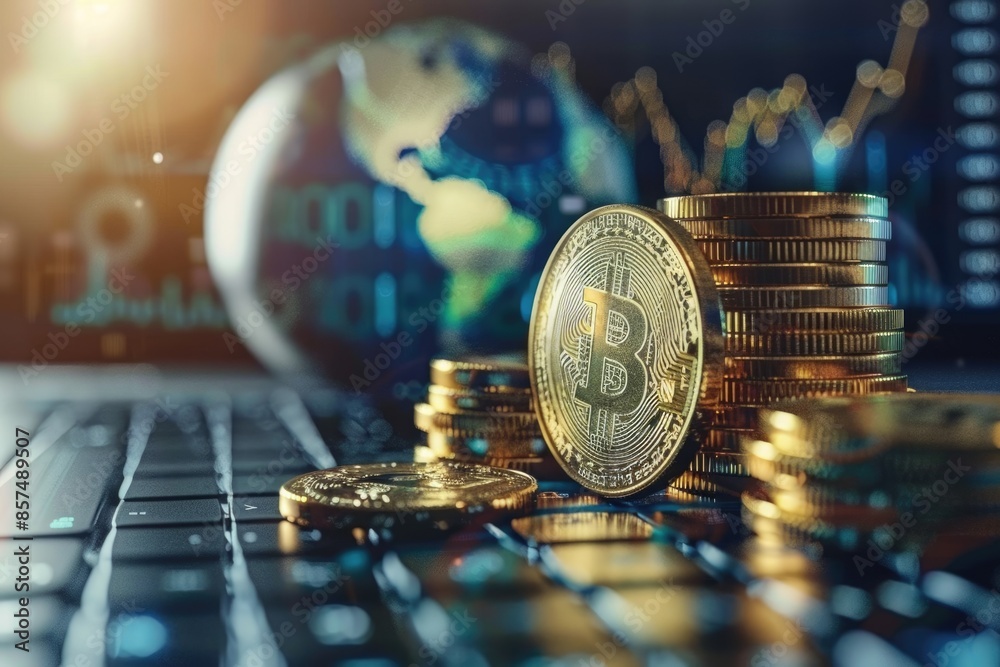 Coins Stack and calculator and virtual gologram of digital globe Coins Stack and calculator and virtual gologram of digital globe