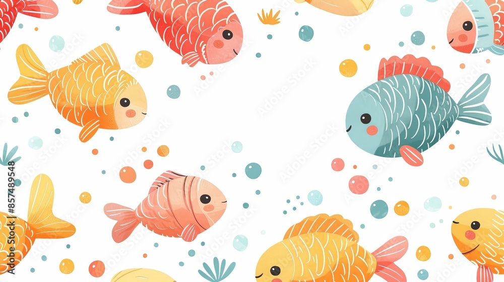 A lively and cheerful set of cartoon fish in various colors and playful poses, set against a whimsical underwater scene with bubbles and aquatic plants, perfect for kids. A lively and cheerful set of cartoon fish in various colors and playful poses, set against a whimsical underwater scene with bubbles and aquatic plants, perfect for kids.