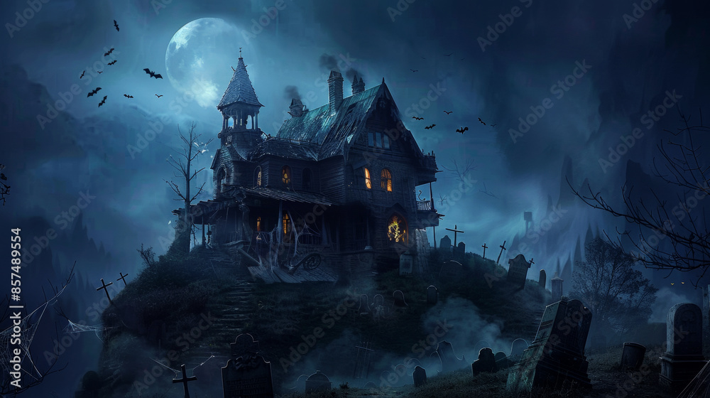 A spooky, dark house stands on a hilltop, illuminated by a full moon. The house has a gothic design and is surrounded by a graveyard A spooky, dark house stands on a hilltop, illuminated by a full moon. The house has a gothic design and is surrounded by a graveyard