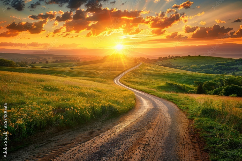 Sunset over a country road with fields and hills in summer Sunset over a country road with fields and hills in summer