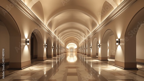 interior corridor with arched ceilings and recessed lighting, designed to create a dramatic perspective that guides visitors through the space towards a central atrium