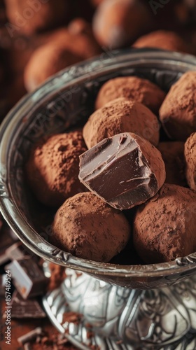 Assorted chocolate truffles in a silver bowl, close-up. Gourmet dessert and confectionery concept