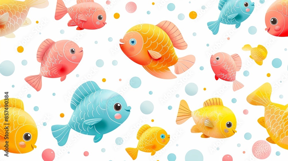 A vivid illustration of various colorful fishes swimming joyfully among numerous bubbles in the ocean, creating a lively and cheerful underwater scene. A vivid illustration of various colorful fishes swimming joyfully among numerous bubbles in the ocean, creating a lively and cheerful underwater scene.
