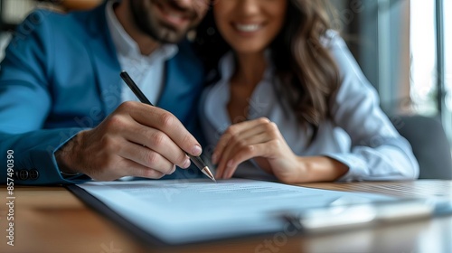 A couple signing a lease agreement with a landlord, happy and excited expressions, formal setting, paperwork on table, professional attire