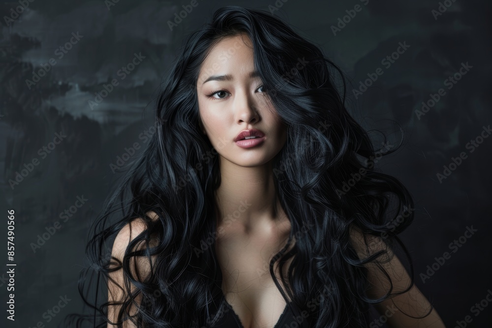 Fototapeta premium Beautiful long curly hair asian woman model hair smooth brunette hairstyle model, Haircare Product model advertising. Copy space.