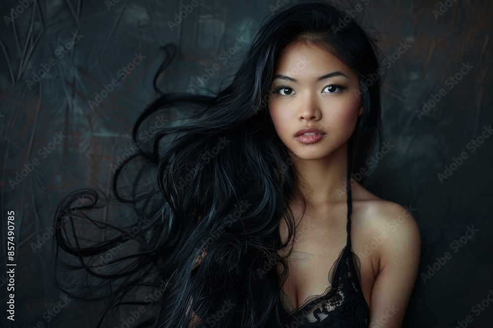 Beautiful long curly hair asian woman model hair smooth brunette hairstyle model, Haircare Product model advertising. Copy space. Beautiful long curly hair asian woman model hair smooth brunette hairstyle model, Haircare Product model advertising. Copy space.