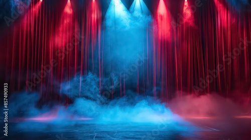 Stage with illuminated spotlights, Blue spotlight smoke stage entertainment background. Magic theater stage red curtains Show Spotlight, Stage white smoke spotlight background