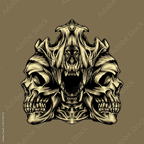 lion skull with twin skull head vector illustration design