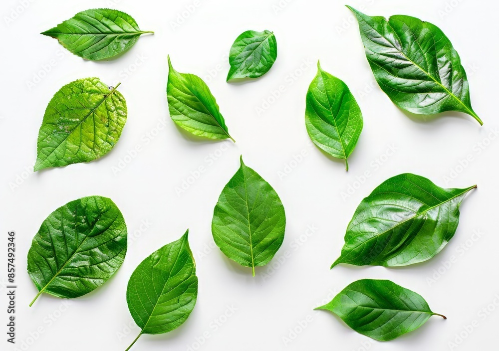 Fresh Green Leaf Collection on White Surface Fresh Green Leaf Collection on White Surface