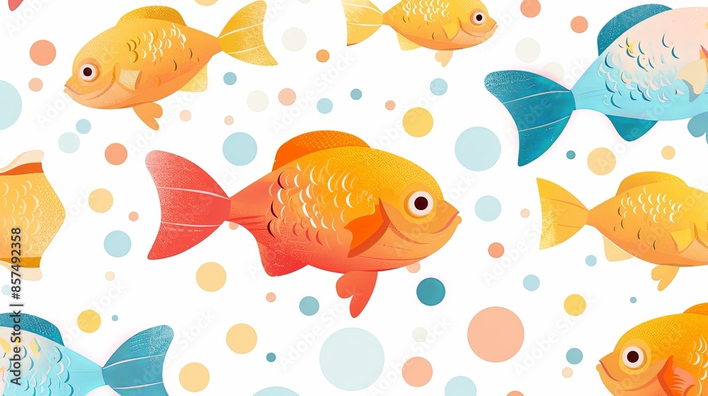 An engaging pattern that features golden-orange fish swimming amidst a scattering of colorful bubbles, creating a visually appealing and lively design. An engaging pattern that features golden-orange fish swimming amidst a scattering of colorful bubbles, creating a visually appealing and lively design.
