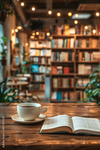 Generative AI image of a cup of coffee and a book on a wooden table in a bookstore pub with an out-of-focus background filled with shelves of books.