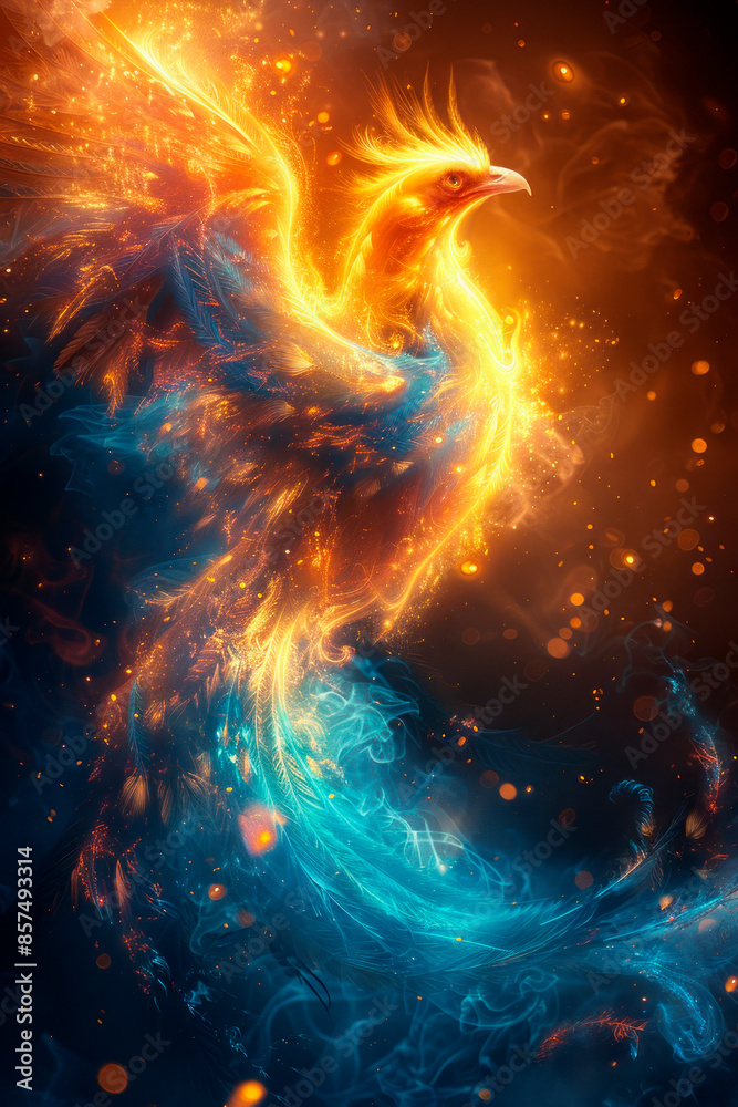 Phoenix on fire in blue and yellow colors symbol of rebirth Phoenix on fire in blue and yellow colors symbol of rebirth