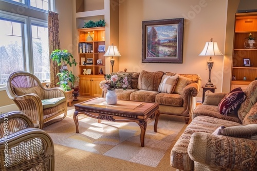 Wallpaper Mural Spacious Living Room with Wicker Furniture and Large Windows, Inviting Space for Relaxation Torontodigital.ca