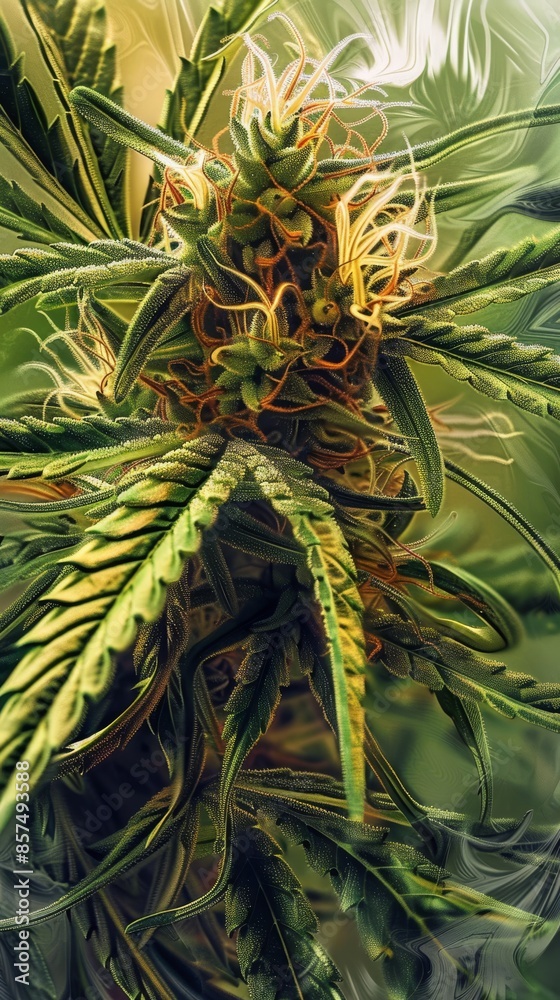 Obraz premium Close-up of cannabis plant with trichomes and pistils, macro photography. Medical and recreational marijuana concept