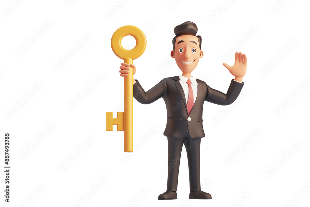 3D rendering of a businessman holding a gold key, isolated on a transparent background. 3D rendering of a businessman holding a gold key, isolated on a transparent background.