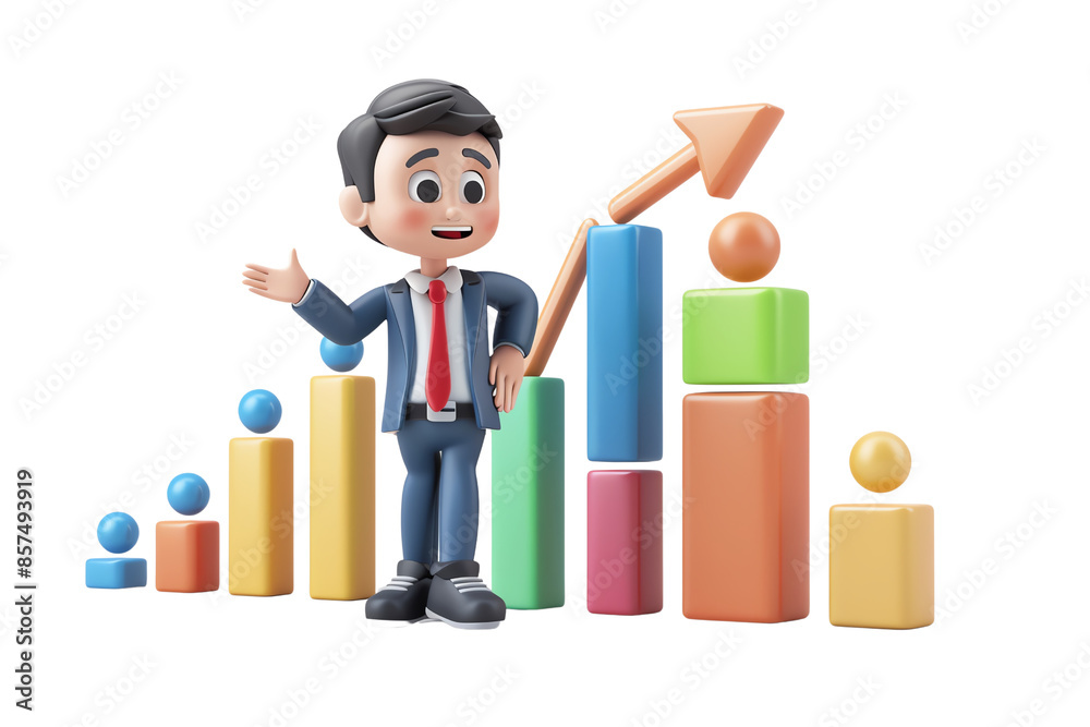 3D rendering of a businessman standing next to a bar graph, isolated on a transparent background. 3D rendering of a businessman standing next to a bar graph, isolated on a transparent background.