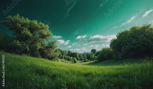 Lush green meadow under a clear blue sky.