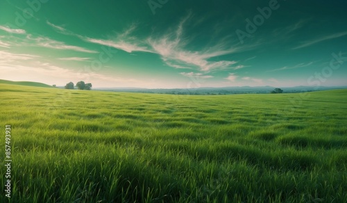 Expansive green field under a vibrant blue sky