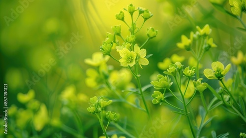 Closeup of perennial green wildflower with blurred background for spring concept with copy space