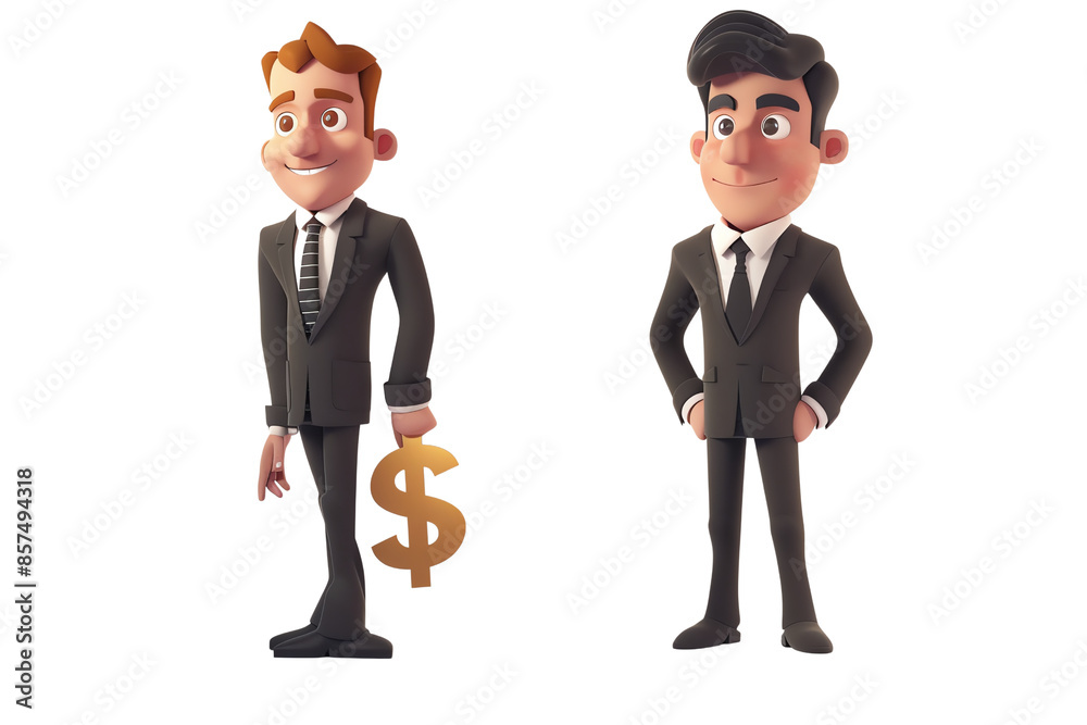 Two businessmen in suits, one holding a coin., isolated on a transparent background. Two businessmen in suits, one holding a coin., isolated on a transparent background.