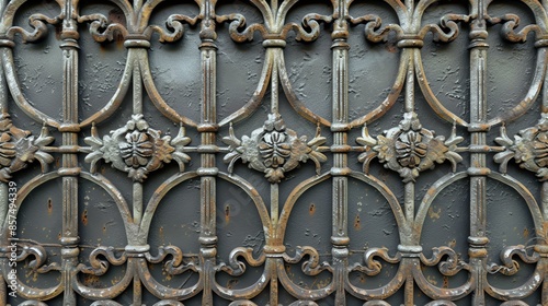 Wrought iron fence with a floral pattern. The fence is painted black and has a rusty patina.