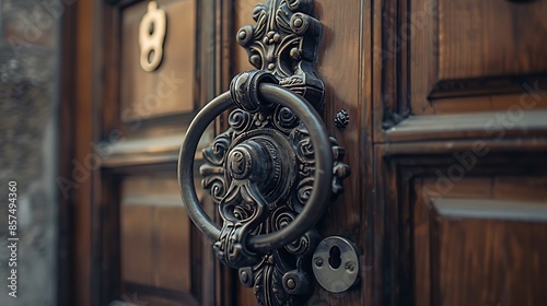 close-up of an elaborate door knocker on a heavy wooden door in an old European city, symbolizing the fine details that contribute to the character of historical districts