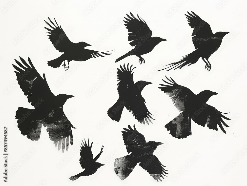 Elegant Black Silhouette of Five Crows on White Background Elegant Black Silhouette of Five Crows on White Background